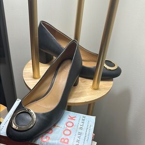 Tori Burch Black Leather Pumps with Gold Accent